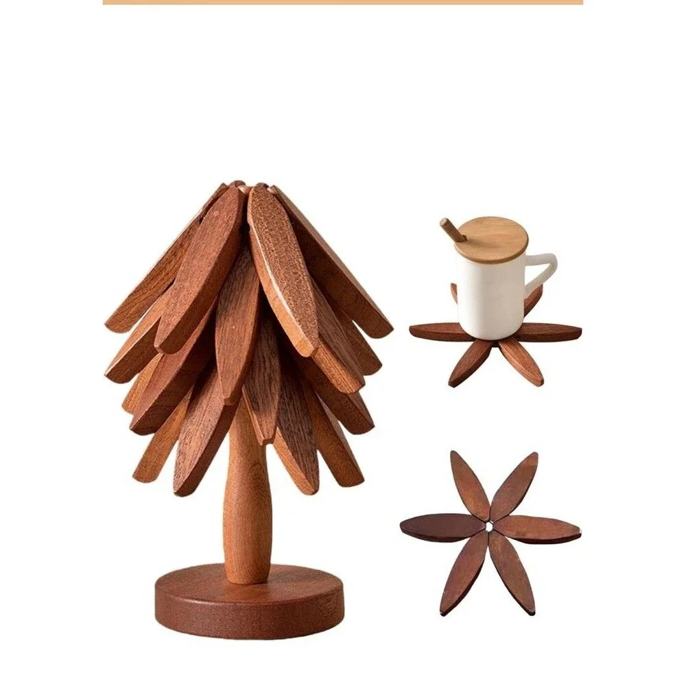 Wooden Trivets for Hot Dishes Tree Shape Set Foldable Kitchen Pot Holders